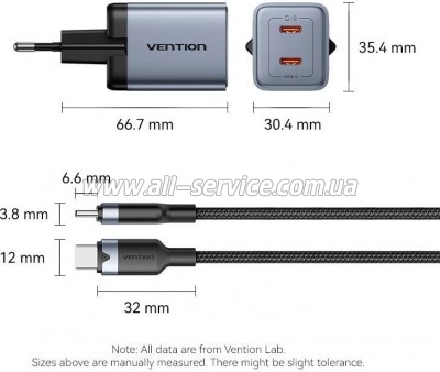 �������� ������� Vention 2xUSB-C PD45W GaN + cable USB-C to USB-C 1.0m black gray (TZ-FCDH0-EU)
