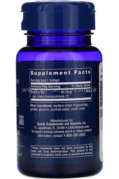  Life Extension  2 (-7) 45 , Low Dose Vitamin K2 (MK-7), 90  (LEX-19369)