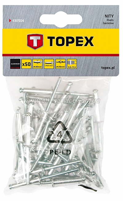 Заклепка алюминиевая TOPEX, 4.8 мм x 14,5 мм, 50 шт. (43E504) Заклепка алюминиевая TOPEX, 4.8 мм x 14,5 мм, 50 шт. (43E504)